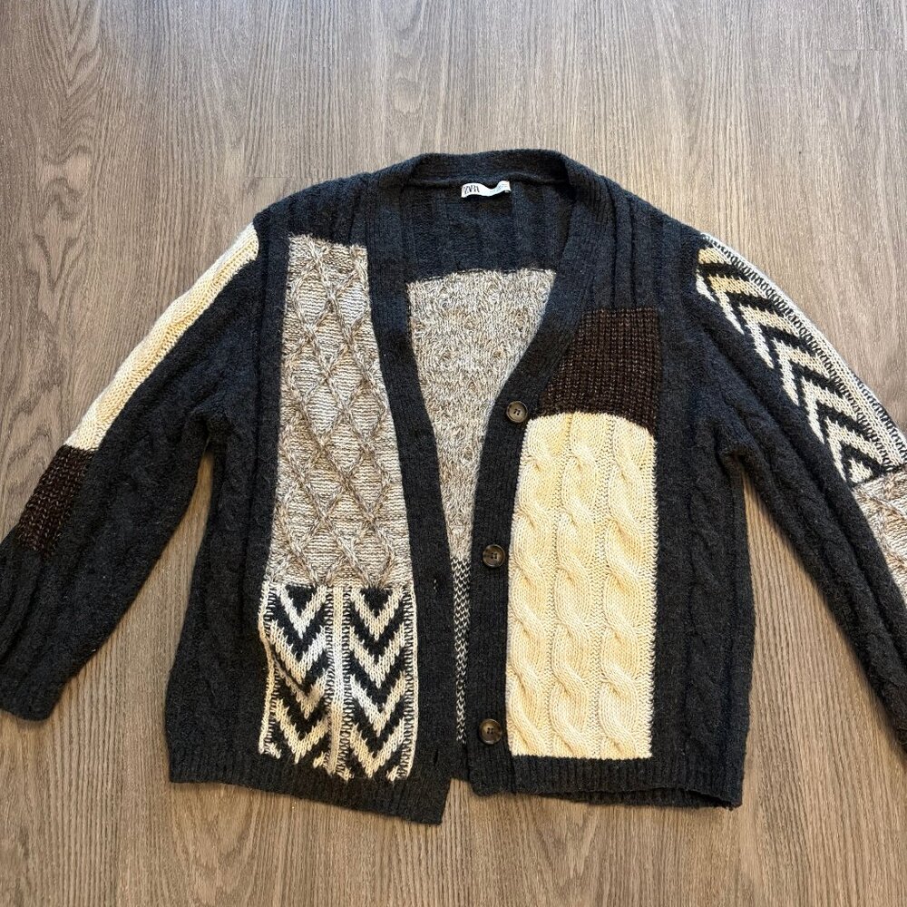 ZARA Patchwork Chunky Knit Cardigan